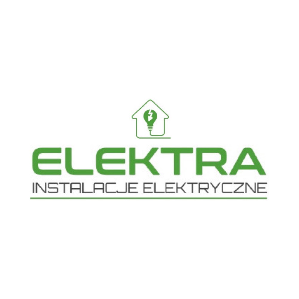 Zielone logo firmy Elektra Instalacje Elektryczne z symbolem żarówki w domku na białym tle.