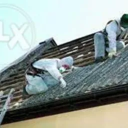 Dwóch pracowników w kombinezonach ochronnych i maskach na dachu podczas pracy, widoczna drabina oparta o ścianę budynku, jasne niebo w tle.