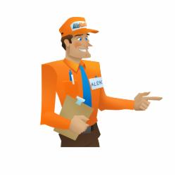 Animowana postać mężczyzny w pomarańczowym uniformie z logo na czapce, identyfikatorem 'ALEK' i teczką, wskazująca palcem w prawo.