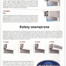 Prezentacja katalogowa różnych modeli rolet zewnętrznych z opisami technicznymi, logo producenta Portos i adresem strony internetowej KingBudOkna.pl.