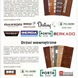 Katalogowe zestawienie różnych modeli drzwi wejściowych i wewnętrznych, prezentacja oferty producentów z nazwami firm i logotypami na białym tle.