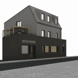 Wizualizacja budynku usługowego z ciemną elewacją, płaskim dachem z pergolą i roślinnością, oraz napisem 'Centrum Serwisowe Laptopów i Komputerów'.