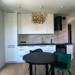 Baltic Development - Biała kuchnia z czarnym blatem i złocistą lampą, uzupełniona okrągłym stołem i zielonymi krzesłami na drewnianej podłodze. Minimalistyczny design.