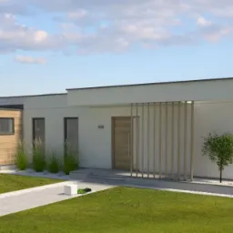 Wizualizacja parterowego domu jednorodzinnego z płaskim dachem, drewnianą elewacją i pionowymi panelami przy wejściu, otoczonego zielonym trawnikiem i górskim krajobrazem w tle.