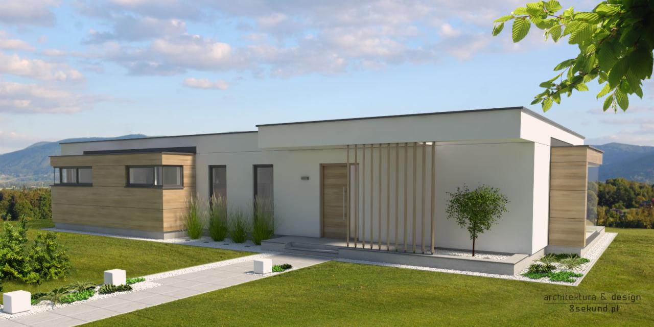 Wizualizacja parterowego domu jednorodzinnego z płaskim dachem, drewnianą elewacją i pionowymi panelami przy wejściu, otoczonego zielonym trawnikiem i górskim krajobrazem w tle.