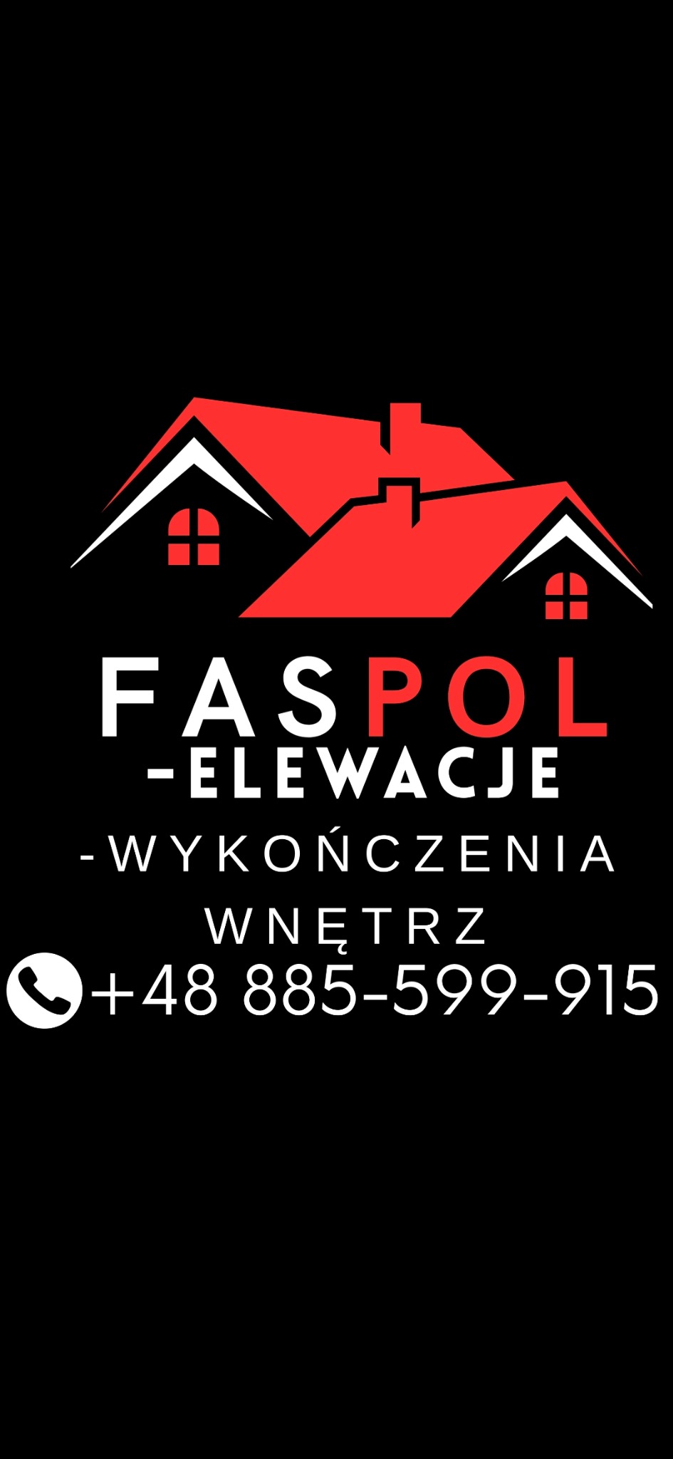 Grafika z logo firmy FASPOL. Czerwone dachy domów, biały napis 'FASPOL - ELEWACJE - WYKOŃCZENIA WNĘTRZ' i numer telefonu na czarnym tle.
