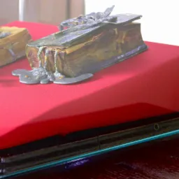 Dwa zdobione, postarzane modele książek w szklanej gablocie na czerwonym postumencie.