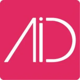 Proste logo w kolorze białym na różowym kwadracie z zaokrąglonymi rogami, przedstawiające abstrakcyjny znak z liter AD i kropką.