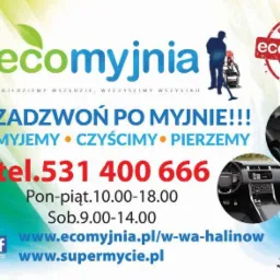 Plakat reklamowy firmy Ecomyjnia oferującej usługi mycia i czyszczenia, z hasłem 'Zadzwoń po myjnię!!!' i numerem telefonu, prezentujący wnętrze czystego samochodu i osobę czyszczącą dywan.