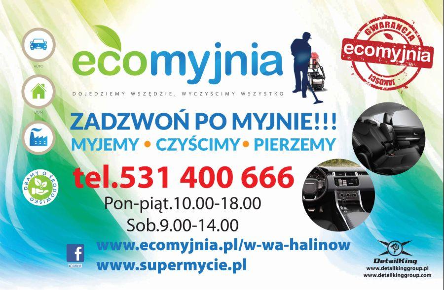 Plakat reklamowy firmy Ecomyjnia oferującej usługi mycia i czyszczenia, z hasłem 'Zadzwoń po myjnię!!!' i numerem telefonu, prezentujący wnętrze czystego samochodu i osobę czyszczącą dywan.