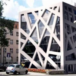 Nowoczesny budynek biurowy z dekoracyjną elewacją w kształcie białej kratownicy, widok z ulicy, zaparkowane samochody.