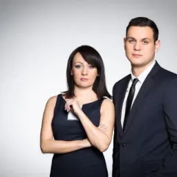 Portret dwojga prawników: kobieta w granatowej sukience z identyfikatorem i mężczyzna w ciemnym garniturze na szarym tle.