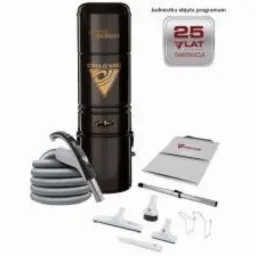 Czarny odkurzacz centralny Cyclo Vac z akcesoriami na białym tle, widoczna naklejka z 25-letnią gwarancją, ujęcie produktowe.