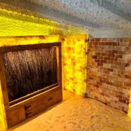 Wnętrze groty solnej z tężnią solankową w drewnianej obudowie, ściany wyłożone blokami solnymi oświetlonymi od tyłu, sufit z imitacją stalaktyt&oacute;w, podłoga pokryta solą.