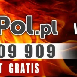Grafika reklamowa firmy LidPol.pl oferującej węgiel orzech, ekogroszek, brykiet i pelet, z numerem telefonu 666 909 909 i informacją o darmowym transporcie, na tle płomieni.