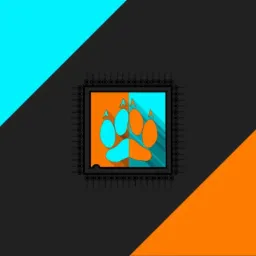 Stylizowany, graficzny wizerunek układu scalonego z symbolem łapy zwierzęcia podzielonym kolorystycznie na turkusową i pomarańczową część, umieszczony na tle podzielonym na turkusowy, szary...