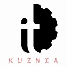 Logo firmy IT 'Kuźnia' z literami 'it' i czarnym kołem zębatym na białym tle, nazwa firmy z czerwonym wypełnieniem w paski.