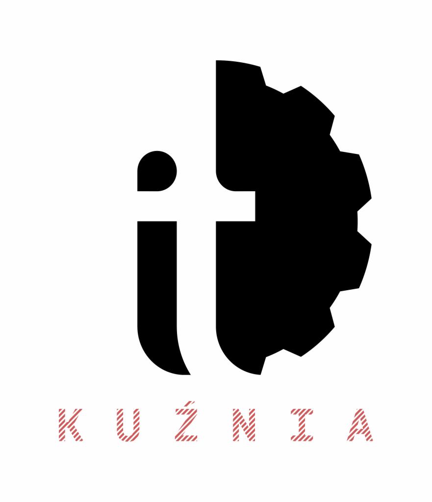 Logo firmy IT 'Kuźnia' z literami 'it' i czarnym kołem zębatym na białym tle, nazwa firmy z czerwonym wypełnieniem w paski.