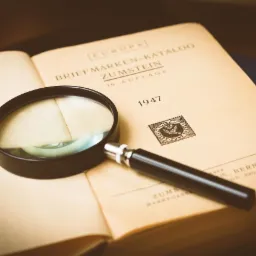 Otwarta książka z 1947 roku z katalogiem znaczków pocztowych, leżąca pod szkłem powiększającym, w ciepłym oświetleniu.