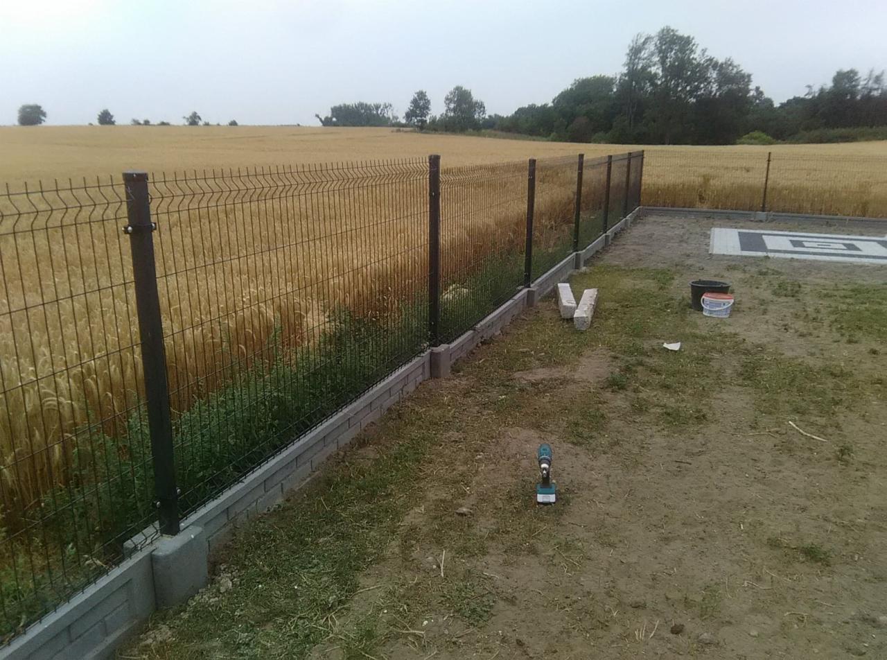 Częściowo ukończone ogrodzenie panelowe z podmurówką z bloczków betonowych na tle pola zboża, w pobliżu leży wkrętarka akumulatorowa.