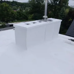 Biały, płaski dach po renowacji z kominem i stalowym wkładem kominowym na tle zieleni i pochmurnego nieba. Widoczne ślady malowania.
