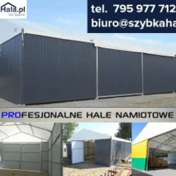 Szara hala namiotowa z płyt warstwowych w Śremie, widok z zewnątrz i wnętrza, z widoczną konstrukcją stalową i poszyciem.