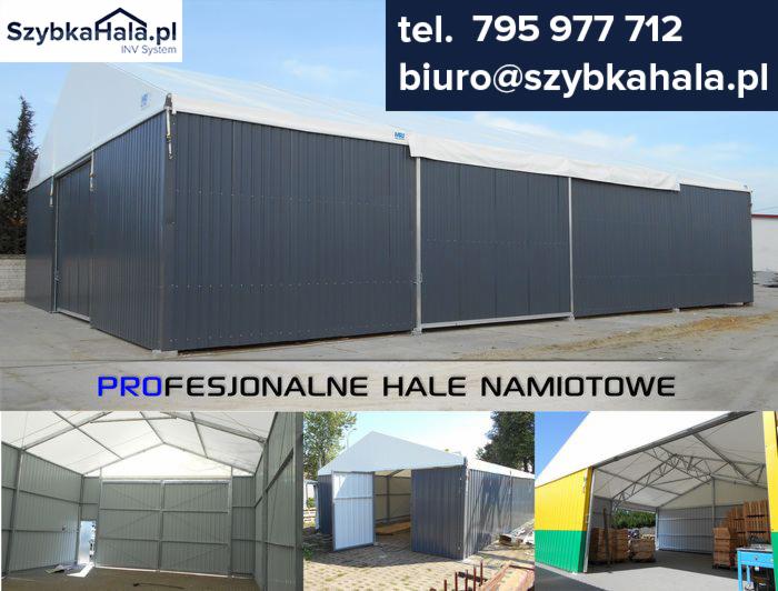 Szara hala namiotowa z płyt warstwowych w Śremie, widok z zewnątrz i wnętrza, z widoczną konstrukcją stalową i poszyciem.