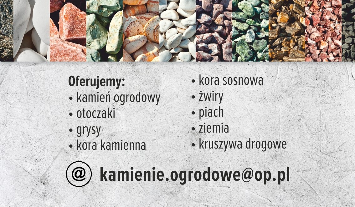 Kompozycja z różnorodnych kamieni ogrodowych, otoczaków, grysu, kory kamiennej i sosnowej, piachu, ziemi oraz kruszywa drogowego, prezentowana na tle z teksturą betonu, z adresem e-mail kamienie.