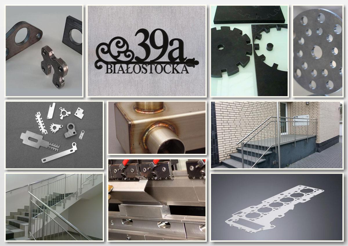 Kolaż zdjęć przedstawiających metalowe elementy, w tym spawane konstrukcje, detale wycinane laserowo, metalowe schody z balustradą oraz gięcie blachy na prasie krawędziowej.
