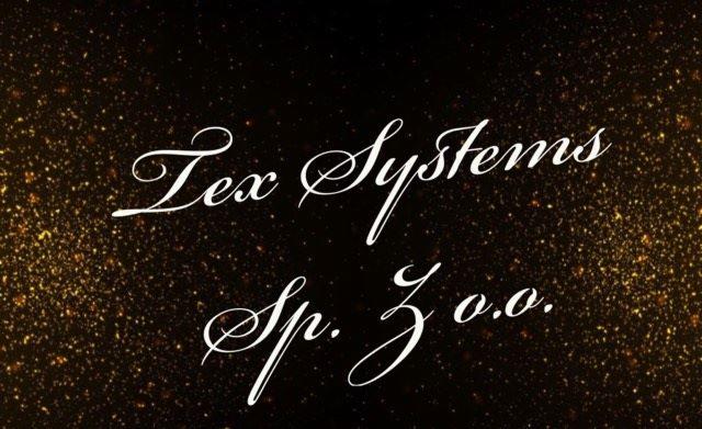 Logo firmy Tex Systems Sp. z o.o. na czarnym tle z złotymi iskrami.