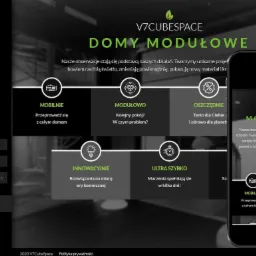 Grafika przedstawia stronę internetową firmy V7CubeSpace na ekranie smartfona, obok fragmentu strony na monitorze, prezentującą ofertę domów modułowych z hasłami: Mobilnie, Modułowo, Oszczędnie...