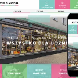 Responsywna strona internetowa sklepu z artykułami szkolnymi i biurowymi, widoczna na ekranie komputera oraz smartfona, prezentująca witrynę sklepu stacjonarnego.