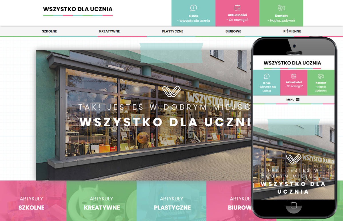 Responsywna strona internetowa sklepu z artykułami szkolnymi i biurowymi, widoczna na ekranie komputera oraz smartfona, prezentująca witrynę sklepu stacjonarnego.