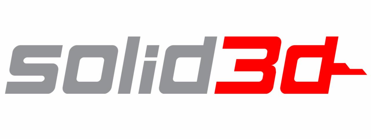 Szare logo 'Solid' z czerwonym '3D' i symbolem prędkości po prawej, na białym tle. Grafika firmy specjalizującej się w technologiach addytywnych.