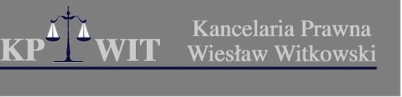 Logo Kancelarii Prawnej Wiesław Witkowski na szarym tle, z symbolem wagi sprawiedliwości i inicjałami KP WIT.