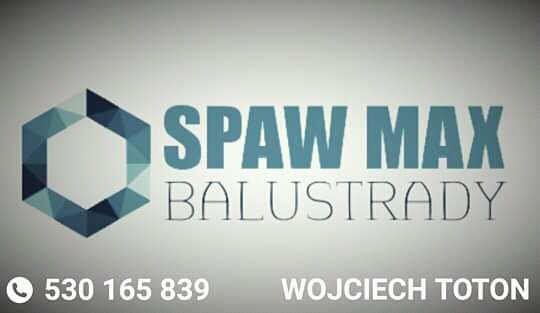 Logo firmy Spaw Max Balustrady: geometryczny symbol, nazwa, numer telefonu i imię właściciela na jasnoszarym tle. Balustrady w nazwie zapisane cienką czcionką.