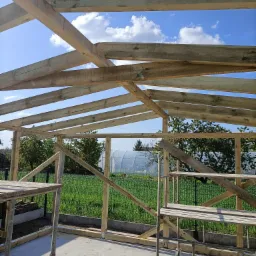 Konstrukcja szkieletowa drewnianej wiaty lub budynku gospodarczego w trakcie budowy, widok z wnętrza na zewnątrz, z rusztowaniami i zielenią w tle.