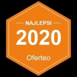 Pomarańczowa odznaka z napisem 'NAJLEPSI 2020 Oferteo' na czarnym tle.
