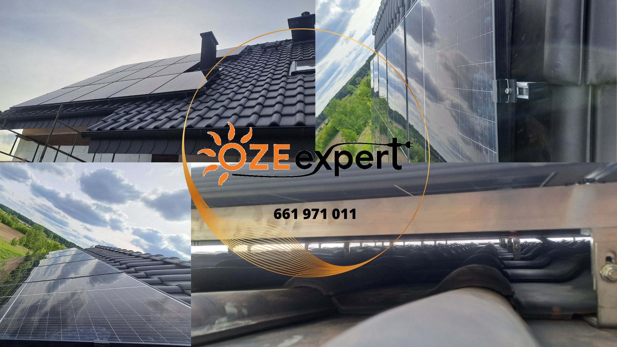 Montaż paneli słonecznych na dachu pokrytym czarną dachówką, widok z różnych perspektyw, z logo firmy i numerem telefonu nałożonym na obraz.