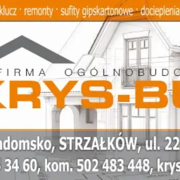 Logo firmy ogólnobudowlanej Krys-Bud z adresem i danymi kontaktowymi na tle szkicu domu.