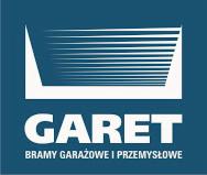 Logo firmy GARET na niebieskim tle, z graficznym symbolem bramy składającej się z poziomych linii, podpisane 'BRAMY GARAŻOWE I PRZEMYSŁOWE'.