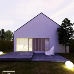 Wizualizacja domu z prostą bryłą, drewnianym tarasem i oświetleniem zewnętrznym w formie kul, z workiem sako na tarasie.