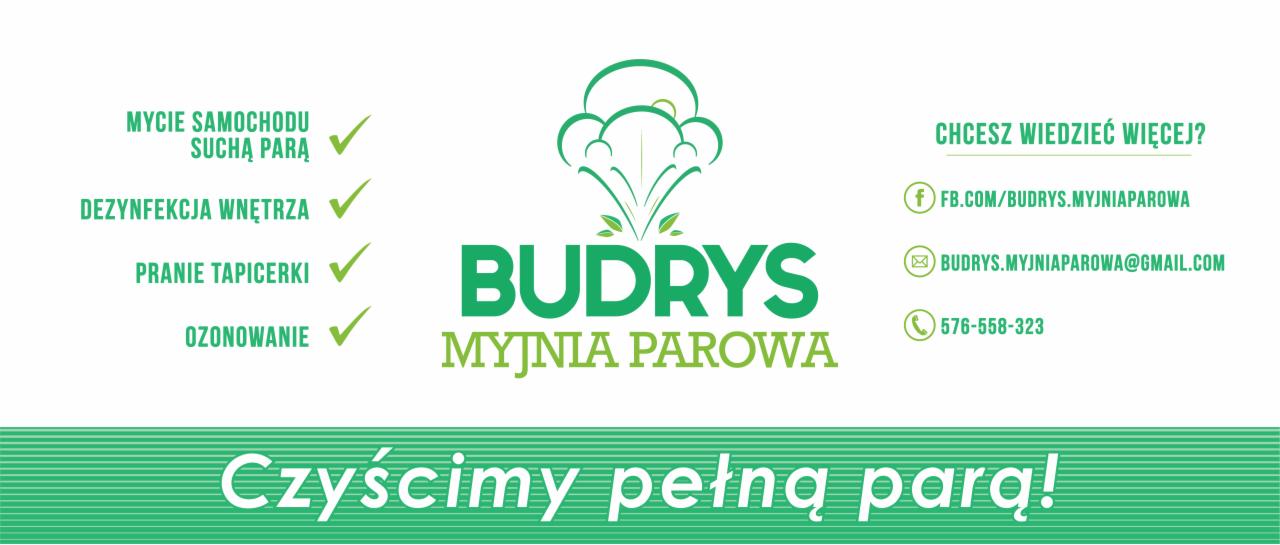 Logo firmy Budrys Myjnia Parowa, oferującej mycie samochodów suchą parą, dezynfekcję wnętrza, pranie tapicerki i ozonowanie, z informacjami kontaktowymi i hasłem 'Czyścimy pełną parą!'