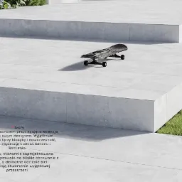 Jasnoszare płyty tarasowe ułożone schodkowo, z deskorolką na górnym poziomie, oświetlone naturalnym światłem.