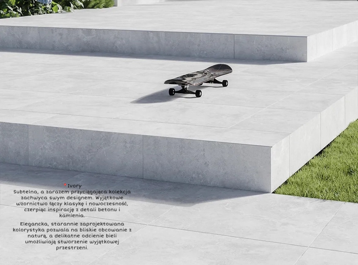 Jasnoszare płyty tarasowe ułożone schodkowo, z deskorolką na górnym poziomie, oświetlone naturalnym światłem.