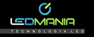 Logo firmy LEDMANIA z niebiesko-zielonym napisem i symbolem zasilania na czarnym tle, promujące technologię LED.