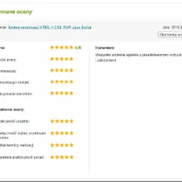Zrzut ekranu z oceną projektu systemu rezerwacji HTML, CSS, PHP i JavaScript z serwisu Oferteo.pl, zawierający szczegółowe oceny jakości pracy, terminowości, komunikacji, dotrzymania warunków...