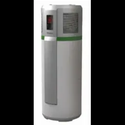 Stojąca, cylindryczna jednostka grzewcza Haier z wyświetlaczem LED i srebrnymi panelami, na białym tle.