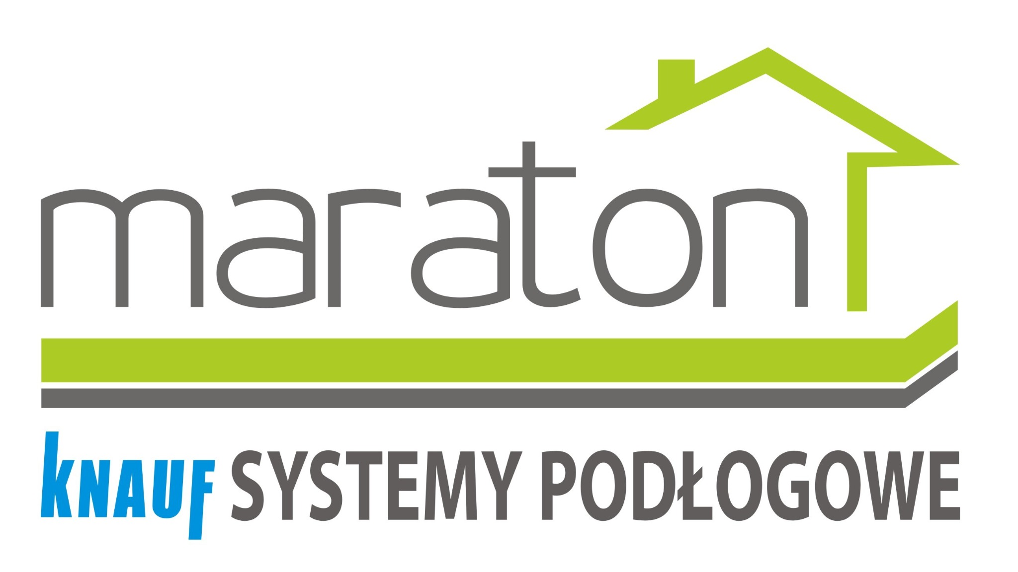Logo firmy Knauf Systemy Podłogowe Maraton, z zielonym motywem domu w górnej części.