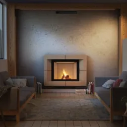 Nowoczesny salon z minimalistycznym kominkiem obudowanym jasnym drewnem, płomienie widoczne wewnątrz paleniska, szare sofy po bokach, lampa podłogowa i drewniane elementy konstrukcyjne.